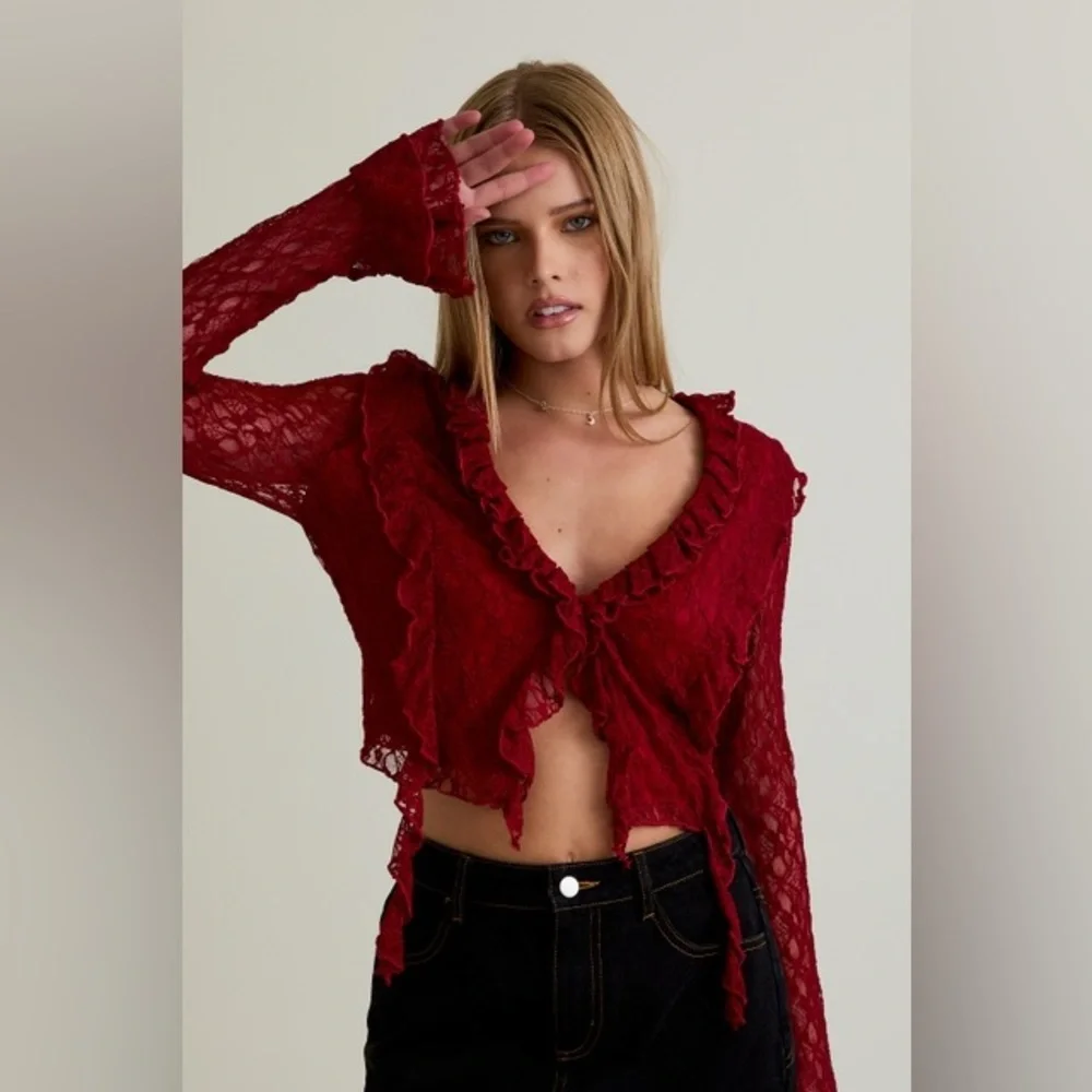 Ruffle Detail Lace V-Neck Top with Bell Sleeves - Le Lis